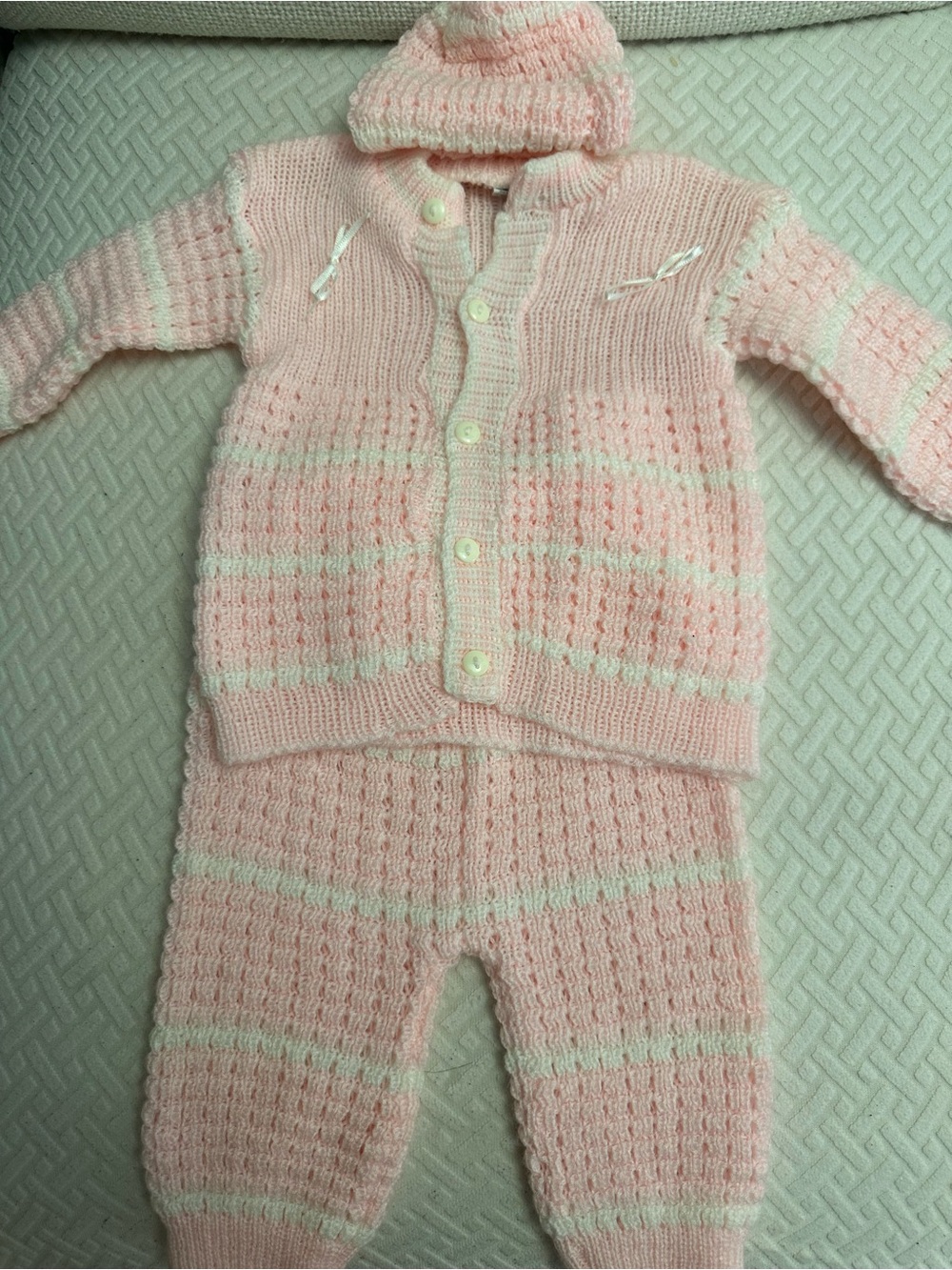 Hand-Knit Baby Two-Piece Set in Soft Pink and Cream